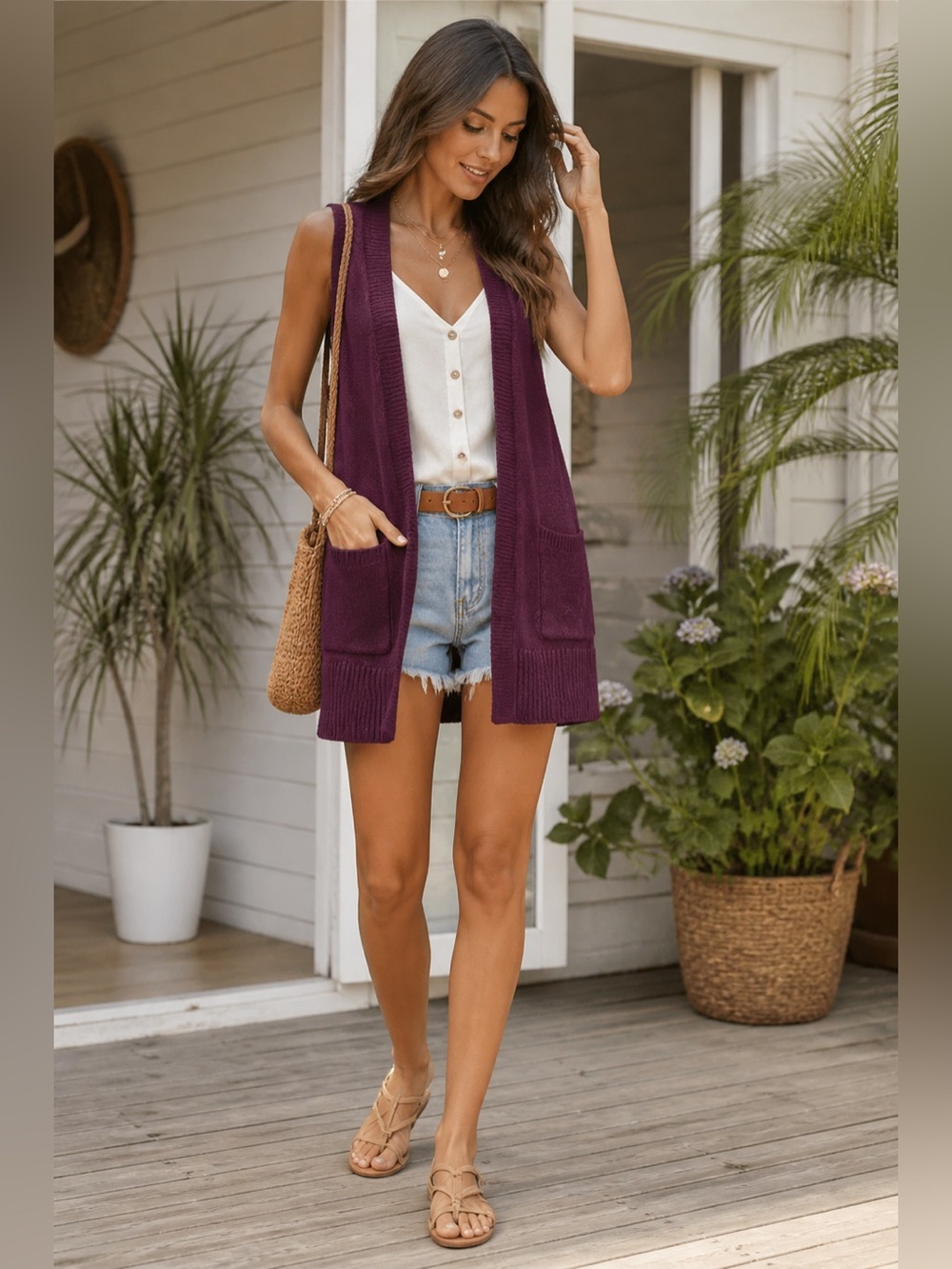 LOFT Maroon Sleeveless Duster Cardigan Vest Pockets Size S